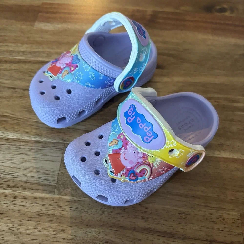 Crocs Peppa Pig Toddler Girl Size 4 C Purple Rainbow Vacation Beach NEW NO TAGS‎